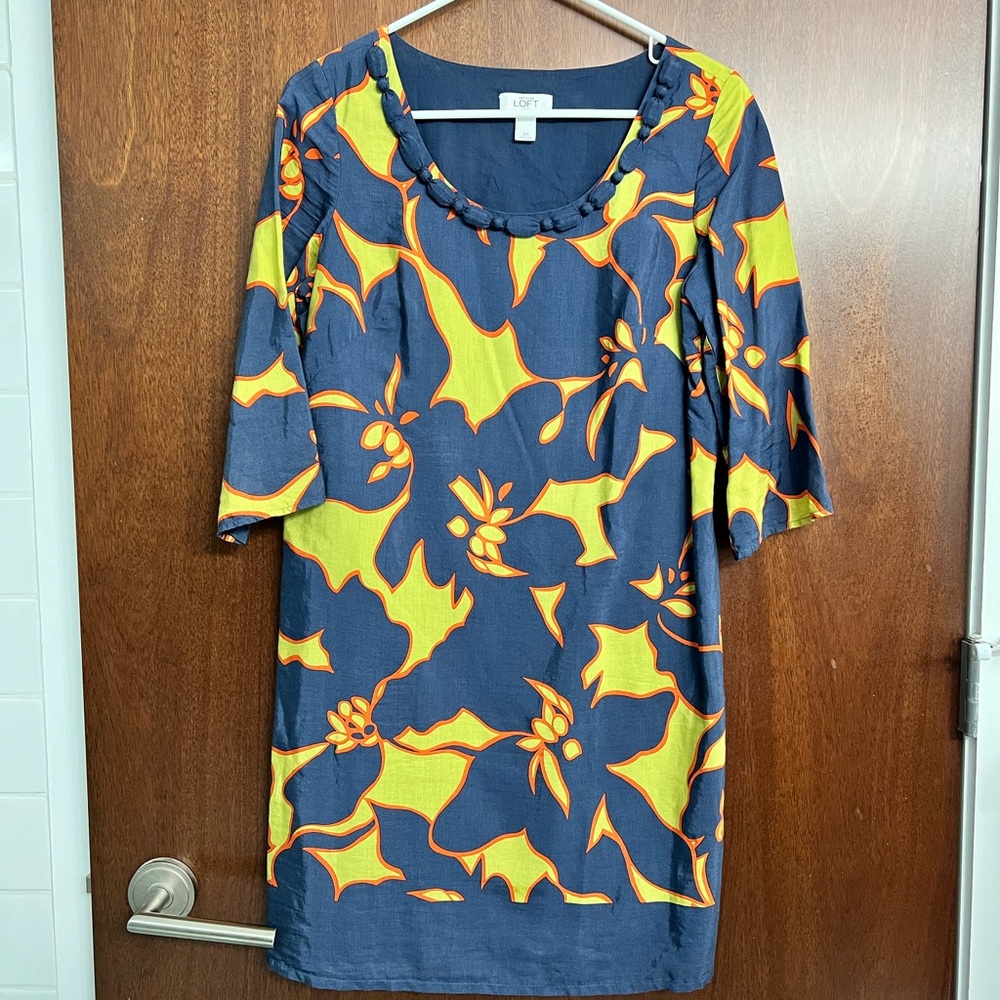 Ann Taylor LOFT Blue‎ Yellow Floral Print Shift Dress Size 6P